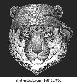 Leopard, jaguar face. Bandana. Biker, pirate. Portrait of wild animal.