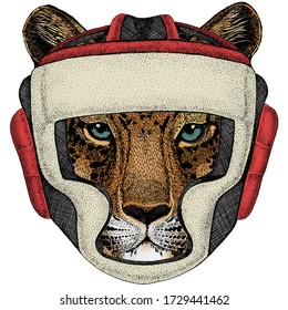 Leopard, jaguar face. Portrait of wild animal. Boxing helmet.