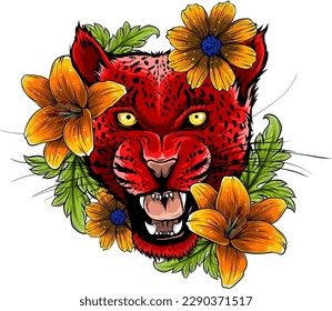 Leopard jaguar with flowers. Jaguar face with flowers, color tattoo. vector illustration on white background