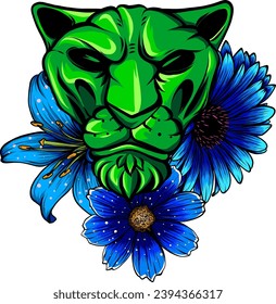 Leopard jaguar with flowers. Jaguar face with flowers, color tattoo. vector illustration