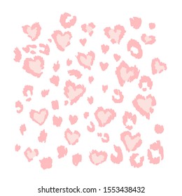 Leopard or jaguar heart pattern, textured fashion print, abstract St. Valentine background for fabric, textile. Effect of big tropical wild cat fur, spots stylized as love hearts with pink camouflage