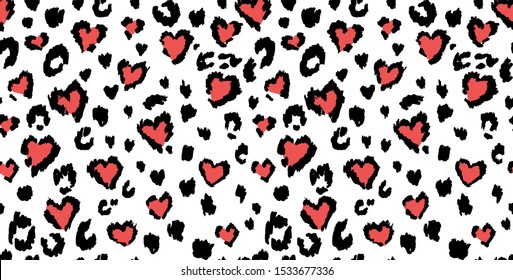 Leopard or jaguar print seamless pattern, textured fashion print, abstract safari background for fabric, textile. Effect of big tropical wild cat fur, spots stylized as hearts with pink camouflage