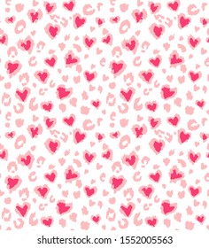 	
Leopard or jaguar print seamless pattern, textured fashion print, abstract safari background for fabric, textile. Effect of big tropical wild cat fur, spots stylized as hearts with pink camouflage