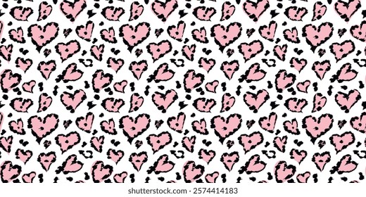 Leopard or jaguar print, textured fashion print, abstract safari background seamless pattern for fabric, Valentines day. Tropical wild cat fur, spots stylized as hearts with pink camouflage pattern.