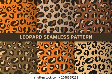 Leopard or jaguar seamless pattern set. Trendy animal print with autumn color palette. Vector background for fabric, textile, wallpaper, wrapping paper, etc. 