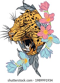 Leopard jaguar tattoo with flowers. Jaguar face with flowers, color tattoo. Angry leopard muzzle.