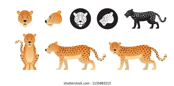 Leopard or Jaguar Vector Set, Front View, Side View, Silhouette