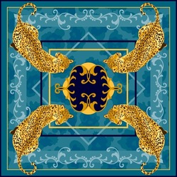 Leopard, Jaguar Wild Big Cat Square Frame, Silk Scarf Design Background. Baroque Style Pattern Illustration For Bandana, Foulard, Scarves, Pillows, Carpet...