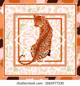 Leopard, Jaguar Wild Big Cat Square Frame Print Design Background. Leopard Pattern Illustration Terracotta Pastel Color For Bandana, Foulard, Scarves, Pillows, Carpet