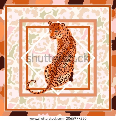 Leopard, jaguar wild big cat square frame print design background. Leopard pattern illustration terracotta pastel color for bandana, foulard, scarves, pillows, carpet