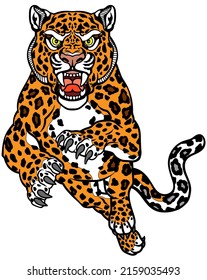 Leopard Jump In The Front View. Angry Roaring Big Cat. Isolated Tattoo Style Vector Illustration