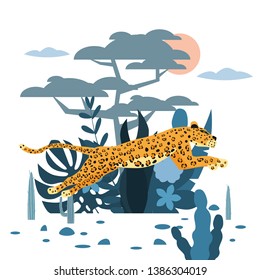 Leopard jumping, cute, background plants and tree, graphic trend style, animal predator mammal, jungle. Vector, illustration, isolated cartoon style