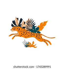 Leopard Jumping Pose in Jungle Among Bright Foliage with Palm Leaves and Plants Vector Illustration. Wild Animal with Spotted Skin and Cute Muzzle in Natural Habitat