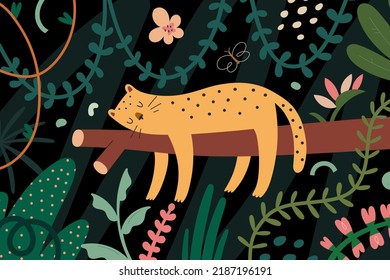 Leopard in jungle, jaguar sleeping on a tree branch in dense rainforest with tropic plants, cute spotted wild feline, forest with palms and lianas, exotic scenery. Vector childrens illustration