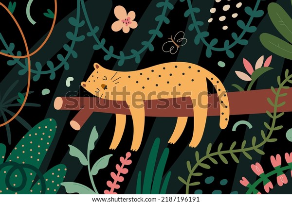 Leopard in jungle, jaguar sleeping on a tree branch in dense rainforest with tropic plants, cute spotted wild feline, forest with palms and lianas, exotic scenery. Vector childrens illustration