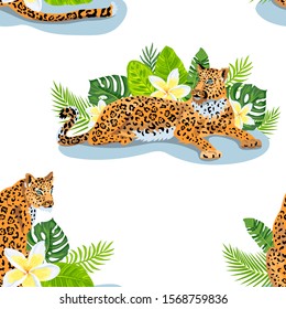 Leopard with jungle leaves, tropical flowers seamless pattern. Vector illustration.