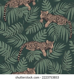 Leopardo en la jungla. Patrón sin foco de hojas tropicales y leopardos. Una ilustración moderna y luminosa de colores de moda.