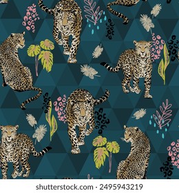 Leopard in the jungle. Seamless pattern of tropical leaves and leopards. A modern bright illustration in trendy colors.
