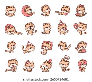 Leopard kawaii character set showing adorable and friendly animals in various cute poses while sleeping, reading, walking, smiling, celebrating and holding different objects