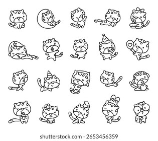 Leopard kawaii character set showing adorable and friendly animals in various cute poses while sleeping, reading, walking, smiling, celebrating and holding different objects