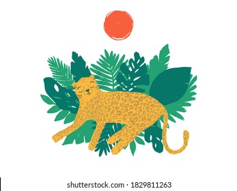 Leopard lay down on tropical leaves. Cartoon wild animal resting.  Vector illustration, animal design, for printing on fabric, clothing, bedding, printing, postcards. Cute baby background.