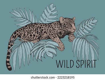 The leopard lies on a tree branch among tropical leaves. The inscription "Wild Spirit". Graphic modern vector illustration.