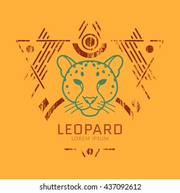 Leopard linear head logo in tribal frame..Vector colorful illustration in flat style with grunge texture