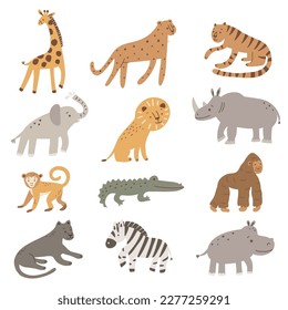 Leopard, lion, giraffe, elephant,  tiger, crocodile, zebra, panther,  monkey, gorilla, hippo, cheetah, rhino. Vector set of cute safari animals.