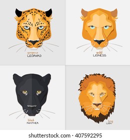 Leopard, lioness, panther and lion face paper portraits. Cute and beautiful big wild cat face. Vector illustration isolated on light background. 3d paper cut out design, layered paper with shadows.
