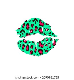 Leopard lips are green and pink.Painted colored female lips. Ideal for printing on clothes. Vector hand-drawn illustration.