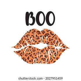 Leopard lips mark, halloween design, boo text with leopard lipstick  svg