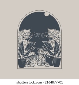 Leopard lying in an arch with tropical plants. Vector hand drawn illustration