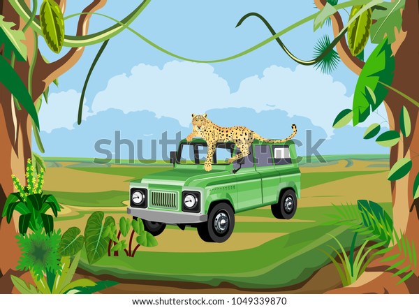 Leopard lying on the car roof,\
concept wildlife vector illustration, tropical nature\
safari.