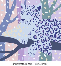 Leopard lying on a tree branch looking. Vector wildlife illustration in pastel colors. Wild animal background in trendy flat cartoon design.