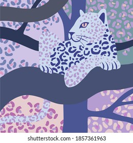 Leopard lying on a tree branch looking left. Vector wildlife illustration. Wild animal background in trendy flat cartoon design.