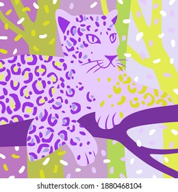 Leopard lying on a tree branch looking. Vector wildlife illustration in pastel colors. Wild animal background in trendy flat cartoon design.
