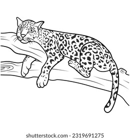 Leopard lying on a tree branch line art