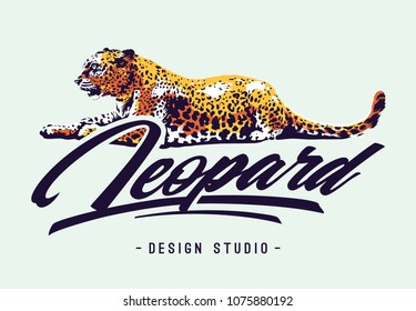 Leopard lying on white with calligraphic typography. Vector design template.