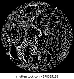 Leopard, Lynx and Raccoon in the Jungle.Coloring Page. Exotic Flowers and Wild Animals.