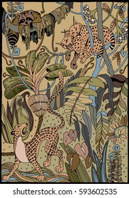 Leopard, Lynx and Raccoon in the Jungle.Coloring Page. Exotic Flowers and Wild Animals.
