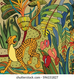 Leopard, Lynx and Raccoon in the Jungle.Coloring Page. Exotic Flowers and Wild Animals.