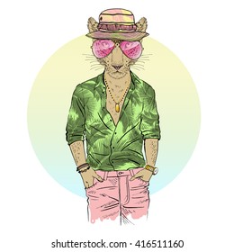 leopard man dressed up in aloha shirt, furry art illustration, fashion animals, hipster animals, summer illustration