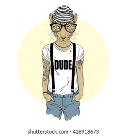 leopard man hipster dressed up in cool t-shirt, furry art illustration, fashion animals, hipster animals