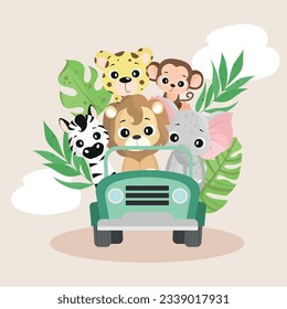 Leopard, monkey, zebra, lion and elephant in the car, african animals safari, vector illustration