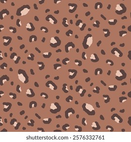 Leopard monochrome brown seamless pattern. Animal print mocha mouse endless background. Cheetah skin texture repeat cover. Surface pattern design camouflage motif. Vector hand drawn illustration.