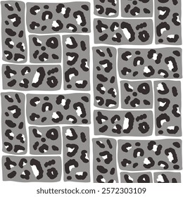 Leopard monochrome camouflage seamless pattern.Abstract animal print black and white endless background. Cheetah or panther skin texture modular repeat bg. Vector grey bento grid ornament.