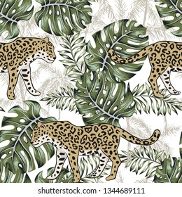 Leopard, monstera leaves, palm trees, white background. Vector floral seamless pattern. Tropical illustration. Exotic plants, animals. Summer beach design. Paradise nature