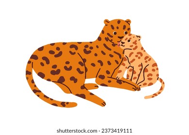 Leopard mother and baby. Wild jungle animal family, cute mom and kid cub. Funny amusing mommy and happy small little child love. Flat vector illustration isolated on white background