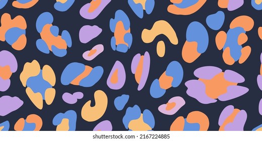 Leopard multicoloured seamless pattern. Animalistic print for fabric, paper. Vector hand-drawn background