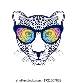 Leopard muzzle with sunglasses  on white background. Idea for t-shirts design.
